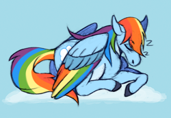 Size: 1240x854 | Tagged: safe, artist:lildarkvixen, rainbow dash, pegasus, pony, g4, cloud, eyes closed, female, folded wings, hooves, lying down, lying on a cloud, mare, nap, on a cloud, onomatopoeia, outdoors, prone, rainbow feathers, sky, sleeping, sleeping on a cloud, solo, sound effects, tail, wings, zzz