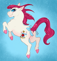 Size: 1182x1250 | Tagged: safe, artist:lildarkvixen, january joy, earth pony, pony, g3, blush scribble, blushing, bow, butt, female, hooves, jewel birthday ponies, plot, solo, sparkles, sparkly mane, tail, tail bow