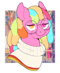 Size: 776x938 | Tagged: safe, artist:lildarkvixen, oc, oc only, oc:sugar rush, earth pony, pony, blush scribble, blushing, bust, clothes, freckles, glasses, heart, heart eyes, male, passepartout, ponysona, ponytober, smiling, solo, stallion, sweater, wingding eyes