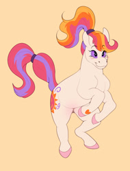 Size: 1800x2369 | Tagged: safe, artist:lildarkvixen, sunny daze (g3), earth pony, pony, g3, blush scribble, blushing, female, heart, heart mark, hooves, mare, ponytail, rearing, simple background, smiling, solo, tail, tail band