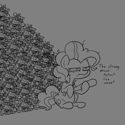 Size: 1155x1155 | Tagged: safe, artist:anonymous, pinkie pie, earth pony, pony, g4, 4chan, baseball bat, belly, candy, cupcake, doodle, drawthread, female, food, grayscale, guarding, handwriting, lineart, mare, monochrome, pile, requested art, round belly, simpsons did it, sitting, solo, tired eyes, unkempt mane