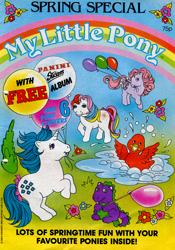 Size: 678x968 | Tagged: safe, official comic, confetti (g1), duck soup, lickety-split, majesty, spike (g1), bird, dragon, duck, earth pony, pony, unicorn, g1, my little pony spring special 1986, 1986, balloon, bow, comic cover, cover, cover art, female, flower, horn, irl, male, mare, mouth hold, my little pony logo, partially submerged, photo, pond, rearing, spread wings, tail, tail bow, that dragon sure does love balloons, that pony sure does love balloons, water, wings