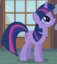 Size: 470x524 | Tagged: safe, screencap, twilight sparkle, pony, unicorn, bridle gossip, g4, my little pony: friendship is magic, season 1, cropped, cute, female, horn, indoors, looking at someone, looking up, mare, offscreen character, solo, standing, sugarcube corner, twiabetes, unicorn twilight