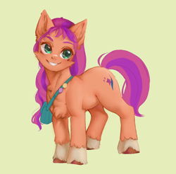 Size: 2560x2523 | Tagged: safe, artist:bug生物, sunny starscout, earth pony, pony, g5, bag, cheek fluff, chest fluff, cute, female, happy, mare, saddle bag, smiling, sunnybetes, unshorn fetlocks