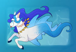 Size: 1574x1089 | Tagged: safe, artist:lildarkvixen, whitecap, merpony, g1, blush scribble, blushing, bubble, dorsal fin, fin, fins, flowing mane, hooves, jewelry, necklace, ocean, scales, smiling, solo, swimming, tongue out, underwater, water