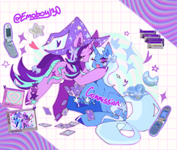 Size: 640x543 | Tagged: safe, artist:emoboy130, starlight glimmer, trixie, pony, unicorn, g4, abstract background, alternate accessories, bandaid, blue bow, blue coat, blue hooves, blue mane, blue tail, blushing, bow, cheek kiss, chest fluff, clothes, colored hooves, colored pinnae, commission, cute, cute little fangs, diatrixes, duo, duo female, ear blush, ear fluff, eyebrows, fangs, female, flip phone, glimmerbetes, grid background, hair bow, hat, heart, hoof polish, hooves, horn, kissing, lesbian, mare, mixed media, nail polish, pink coat, playing card, purple hooves, raised eyebrow, raised hoof, shiny hooves, ship:startrix, shipping, signature, sitting, sparkles, staff, staff of sameness, star bracelet, starlight wearing trixie's hat, stars, tail, tail accessory, tail bow, three toned mane, three toned tail, trixie's hat, two toned mane, two toned tail, unicorn horn, watermark