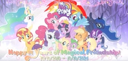 Size: 1454x697 | Tagged: artist needed, source needed, safe, applejack, fluttershy, pinkie pie, princess celestia, princess luna, rainbow dash, rarity, spike, starlight glimmer, sunset shimmer, twilight sparkle, alicorn, dragon, earth pony, pegasus, pony, unicorn, mlp fim's fourteenth anniversary, g4, crown, forest background, horn, jewelry, male, mane seven, mane six, outdoors, regalia, twilight sparkle (alicorn), wingless spike