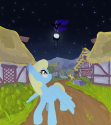 Size: 810x914 | Tagged: safe, artist:mileslancer, caramel, nightmare moon, sassaflash, alicorn, earth pony, pegasus, mlp fim's fourteenth anniversary, g4, bench, moon, night, outdoors, ponyville, stars