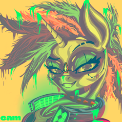 Size: 1200x1200 | Tagged: safe, artist:@cameron, rarity, goo, unicorn, g4, alternate hairstyle, blue eyes, blue eyeshadow, collar, cyberpunk, eyelashes, eyeshadow, female, futuristic, glossy, glowing, horn, looking at you, makeup, mohawk, neon, punk, raripunk, red jacket, simple background, smiling, smirk, solo, spiked collar, yellow shirt