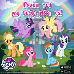 Size: 1080x1080 | Tagged: safe, gameloft, applejack, fluttershy, pinkie pie, rainbow dash, rarity, twilight sparkle, alicorn, earth pony, pegasus, unicorn, g4, my little pony: magic princess, advertisement, horn, mane six, outdoors, rainbow, school of friendship, twilight sparkle (alicorn)