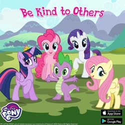 Size: 1080x1080 | Tagged: safe, gameloft, fluttershy, pinkie pie, rarity, spike, twilight sparkle, alicorn, dragon, earth pony, pegasus, unicorn, g4, my little pony: magic princess, female, horn, male, outdoors, twilight sparkle (alicorn), wingless spike