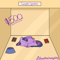 Size: 1280x1280 | Tagged: safe, artist:femurthechangeling, twilight sparkle, alicorn, pony, series:mini ponies, g4, book, bowl, box, lying down, pet bowl, ponies for sale, pony pet, price, sleeping, solo, tiny, tiny ponies, twilight sparkle (alicorn)