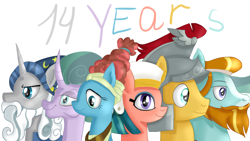 Size: 1920x1080 | Tagged: safe, artist:jbond, flash magnus, meadowbrook, mistmane, rockhoof, somnambula, star swirl the bearded, earth pony, pegasus, pony, unicorn, mlp fim's fourteenth anniversary, g4, beard, egyptian, egyptian headdress, egyptian pony, facial hair, female, group, happy birthday mlp:fim, hat, horn, long mane, male, mare, pillars of equestria, simple background, stallion, text, white background