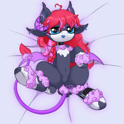 Size: 2000x2000 | Tagged: safe, artist:one4pony, oc, oc only, oc:夕霞•焰心, dracony, dragon, hybrid, succubus, succubus pony, bed, belly, belly button, collar, featureless crotch, female, lying down, lying on bed, mare, on bed, presenting, smiling, solo, spread legs, spreading, underhoof