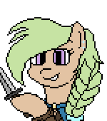 Size: 450x510 | Tagged: safe, artist:nukepony360, oc, oc only, oc:coin flip, earth pony, pony, artfight, bust, cloak, clothes, dagger, digital art, ear piercing, female, mare, piercing, pixel art, portrait, simple background, solo, transparent background, weapon