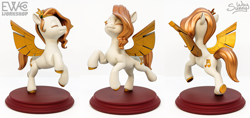 Size: 2000x943 | Tagged: safe, artist:ewc workshop, artist:sunny way, pipp petals, pegasus, g5, my little pony: a new generation, 3d print, art, artwork, craft, female, feral, figurine, flying, gold, irl, mare, painting, photo, sculpture, simple background, solo, spread wings, statue, stone, white background, wings