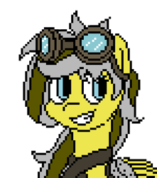 Size: 450x510 | Tagged: safe, artist:nukepony360, oc, oc only, oc:iron wing, earth pony, pony, amputee, artfight, artificial wings, augmented, bust, digital art, female, goggles, mare, pixel art, portrait, prosthetic limb, prosthetic wing, prosthetics, simple background, solo, straps, transparent background, wings