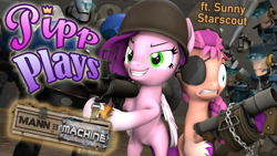 Size: 1920x1080 | Tagged: safe, artist:pika-robo, pipp petals, sunny starscout, earth pony, pegasus, pony, robot, mlp fim's fourteenth anniversary, series:pipp plays, g4, g5, 3d, anniversary, bipedal, clothes, cosplay, costume, demoman (tf2), duo focus, fake thumbnail, female, folded wings, g5 to g4, gamer pipp, gamer sunny starscout, generation leap, grin, heavy (tf2), helmet, hoof hold, let's play, mann vs machine, mare, rocket launcher, scout (tf2), smiling, soldier (tf2), source filmmaker, stickybomb launcher, team fortress 2, weapon, wings, youtube thumbnail