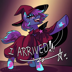 Size: 2166x2166 | Tagged: safe, artist:overlordneon, oc, oc only, oc:glam rock, earth pony, pony, cape, clothes, floppy ears, hat, looking at you, magical lesbian spawn, magical threesome spawn, multiple parents, offspring, open mouth, open smile, parent:maud pie, parent:starlight glimmer, parent:trixie, parents:starmauxie, smiling, solo, talking to viewer, wizard hat