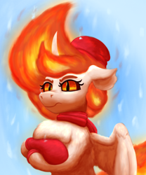 Size: 2000x2400 | Tagged: safe, artist:gosha305, daybreaker, alicorn, pony, g4, alternate hairstyle, cheek fluff, clothes, coffee, coffee mug, curved horn, cute, digital art, ear fluff, female, fluffy, folded wings, grumpy, hat, horn, looking at you, mane on fire, mug, nose wrinkle, scarf, snow, snowfall, socks, solo, wings