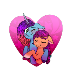 Size: 3600x3960 | Tagged: safe, artist:cartoonboyfriends, misty brightdawn, sunny starscout, earth pony, pony, unicorn, g5, abstract background, blushing, cute, duo, duo female, eyes closed, female, floppy ears, heart, horn, hug, lesbian, mistybetes, one eye closed, rebirth misty, ship:sunnydawn, shipping, simple background, sunnybetes, teary eyes, transparent background