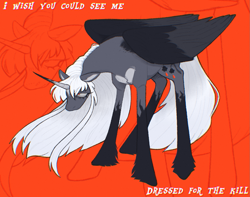 Size: 1323x1041 | Tagged: safe, alternate version, artist:beyhr, oc, oc only, oc:holy nightmare, oc:holy steel, alicorn, pony, bangs, black wings, chest marking, coat markings, colored eyebrows, colored wings, curse, eyebrows, eyebrows visible through hair, eyelashes, facial markings, folded wings, gray coat, gray wingtips, heart, heart mark, horn, leaning forward, leg markings, long hair, long horn, long legs, long mane, long tail, lyrics, narrowed eyes, nightmarified, no mouth, nonbinary, nonbinary oc, profile, red eyes, sidebangs, slender, socks (coat markings), solo, standing, star (coat marking), straight mane, straight tail, tail, tall, text, thin, two toned wings, unshorn fetlocks, white mane, white tail, white text, wings, zoom layer