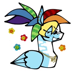 Size: 1110x1080 | Tagged: safe, artist:sha, rainbow dash, pony, g4, accessory, bandaid, bandaid on nose, bust, ear piercing, earring, flower, folded wings, jewelry, necklace, piercing, ponytail, portrait, simple background, smiling, solo, sticker, white background, wings