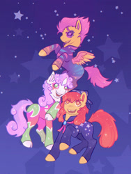 Size: 1668x2224 | Tagged: safe, artist:saccharinetrash, apple bloom, scootaloo, sweetie belle, earth pony, pegasus, pony, unicorn, g4, clothes, cloven hooves, female, filly, foal, horn, show stopper outfits, starry eyes, stars, trio, trio female, wingding eyes