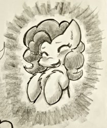 Size: 1373x1637 | Tagged: safe, artist:zutcha, pinkie pie, earth pony, pony, g4, blushing, bust, chest fluff, eyes closed, female, grayscale, mare, monochrome, open mouth, open smile, pencil drawing, smiling, solo, traditional art