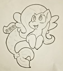 Size: 1360x1516 | Tagged: safe, artist:zutcha, fluttershy, pony, seapony (g4), g4, cute, female, grayscale, mare, monochrome, open mouth, open smile, pencil drawing, seaponified, seapony fluttershy, shyabetes, smiling, solo, species swap, traditional art