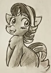 Size: 1232x1749 | Tagged: safe, artist:zutcha, starlight glimmer, pony, unicorn, g4, blushing, chest fluff, cute, female, glimmerbetes, grayscale, horn, mare, missing cutie mark, monochrome, pencil drawing, sitting, solo, tongue out, traditional art