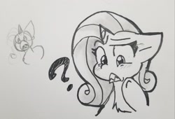 Size: 2091x1424 | Tagged: safe, artist:zutcha, rarity, pony, unicorn, g4, bust, confused, female, floppy ears, grayscale, horn, looking down, mare, monochrome, open mouth, pencil drawing, question mark, shark teeth, solo, traditional art