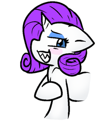 Size: 788x861 | Tagged: safe, artist:zutcha, rarity, earth pony, unicorn, g4, blush sticker, blushing, female, floppy ears, grin, horn, lidded eyes, looking back, mare, shark teeth, simple background, smiling, solo, white background