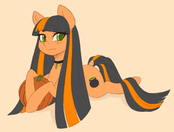 Size: 1899x1442 | Tagged: safe, artist:fluffymaiden, oc, oc only, earth pony, pony, accessory, choker, long hair, looking at you, lying down, prone, pumpkin, solo, straight hair