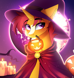 Size: 4087x4307 | Tagged: safe, artist:2pandita, oc, oc only, pony, unicorn, candle, commission, hat, horn, moon, outdoors, pumpkin bucket, solo, unicorn oc, witch hat, ych result