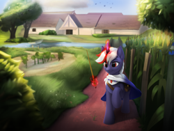 Size: 2700x2025 | Tagged: safe, artist:nihaicreeper, oc, oc only, pony, unicorn, bag, boat, bridge, corn, corn field, food, horn, house, magic, outdoors, river, solo, tree, walking, water