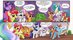 Size: 4400x2458 | Tagged: safe, artist:lytlethelemur, idw, apple bloom, applejack, princess celestia, rainbow dash, rarity, scootaloo, sweetie belle, twilight sparkle, alicorn, earth pony, pegasus, pony, unicorn, mlp fim's fourteenth anniversary, g4, the return of queen chrysalis, cutie mark crusaders, female, horn, siblings, sisters