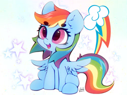 Size: 4000x3000 | Tagged: safe, artist:zokkili, rainbow dash, pegasus, pony, g4, beanbrows, chromatic aberration, cute, cutie mark background, dashabetes, ear fluff, eyebrows, eyebrows visible through hair, female, high res, mare, open mouth, open smile, signature, sitting, smiling, solo, spread wings, stars, tail, wings