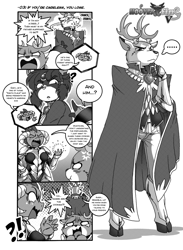 Size: 1500x2044 | Tagged: safe, artist:boastudio, bramble, king aspen, princess ember, oc, oc:ullr, deer, dragon, anthro, comic:hooves & fins, g4, armor, cape, clothes, comic, deer oc, non-pony oc