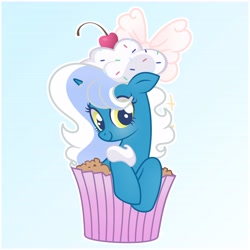 Size: 6890x6890 | Tagged: safe, artist:riofluttershy, oc, oc only, oc:fleurbelle, alicorn, pony, alicorn oc, blue background, blushing, bow, cake, cherry, cupcake, female, food, frosting, hair bow, horn, mare, pink bow, simple background, smiling, solo, sprinkles, tail, two toned hair, two toned mane, two toned tail, wings, yellow eyes