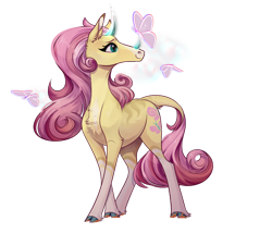 Size: 1000x857 | Tagged: safe, artist:silverfir, fluttershy, abada, butterfly, collaboration:bestiary of fluttershy, g4, butterfly on nose, chest fluff, cloven hooves, coat markings, collaboration, colored hooves, ear fluff, facial markings, female, hooves, horns, insect on nose, leonine tail, mare, simple background, socks (coat markings), solo, species swap, tail, transparent background