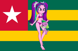 Size: 1280x852 | Tagged: source needed, safe, artist:charliexe-edits, edit, aria blaze, spike, dog, human, equestria girls, g4, belly, belly button, clothes, duo, duo male and female, female, flag, flag background, hug, male, ship:ariaspike, shipping, spike the dog, straight, swimsuit, togo