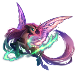 Size: 1000x1000 | Tagged: safe, alternate version, artist:rrusha, fluttershy, changeling, collaboration:bestiary of fluttershy, g4, butterfly wings, changelingified, collaboration, curved horn, female, flutterling, flying, horn, magic, mare, simple background, slit pupils, solo, species swap, transparent background, wings