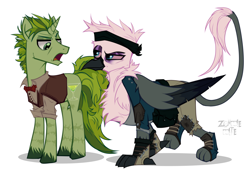 Size: 6266x4400 | Tagged: safe, artist:z0mbiebite, oc, oc only, oc:apple martini, oc:glyron, griffon, unicorn, ashes town, fallout equestria, barpony, bartender, horn