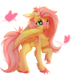 Size: 1000x1000 | Tagged: safe, artist:lunylin, fluttershy, butterfly, classical hippogriff, hippogriff, collaboration:bestiary of fluttershy, g4, butterfly on nose, chest fluff, classical hippogriffied, collaboration, cute, female, flower, flower in hair, flower in tail, hippogriffied, hipposhy, insect on nose, shyabetes, simple background, solo, species swap, tail, transparent background