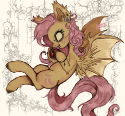 Size: 2048x1905 | Tagged: safe, artist:byheekco, artist:heekco, fluttershy, bat pony, pony, undead, vampire, vampony, g4, apple, bat ponified, bat wings, cross, ear piercing, earring, empty eyes, fangs, flutterbat, flying, food, hooves, jewelry, piercing, race swap, simple background, skull, solo, wings