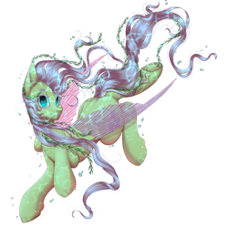 Size: 1000x1000 | Tagged: safe, artist:gunya, fluttershy, kelpie, pony, collaboration:bestiary of fluttershy, g4, blue eyes, bubble, clothes, collaboration, crepuscular rays, cute, fangs, female, fin wings, fins, flowing mane, flowing tail, happy, kelpiefied, looking at you, mare, ocean, seaweed, see-through, simple background, smiling, smiling at you, solo, species swap, swimming, tail, teeth, transparent background, underwater, water, wings