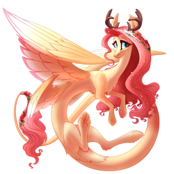 Size: 1000x1000 | Tagged: safe, artist:alrumoon_art, fluttershy, draconequus, collaboration:bestiary of fluttershy, g4, blushing, collaboration, draconequified, feathered wings, female, flower, flower in hair, flutterequus, paw pads, paws, simple background, solo, species swap, transparent background, wings