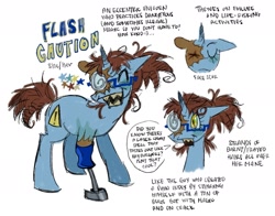 Size: 1799x1407 | Tagged: safe, artist:zorotac, oc, oc:flash caution, pony, unicorn, amputee, eye scar, facial scar, horn, open mouth, open smile, prosthetic limb, prosthetics, reference sheet, scar, simple background, smiling, white background