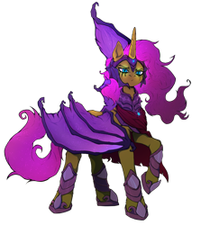 Size: 1000x1119 | Tagged: safe, artist:tatykin, fluttershy, alicorn, original species, pony, collaboration:bestiary of fluttershy, g4, alicornified, armor, bat wings, collaboration, dark alicorn, female, fluttercorn, helmet, hoof shoes, mare, nightmare fluttershy, nightmarified, race swap, simple background, slit pupils, solo, species swap, spread wings, transparent background, wings